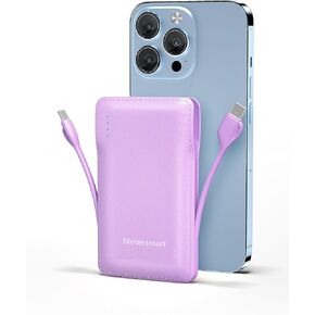 10000mAh Portable Phone Charger with Built-in 2 Cables, Small Slim Mini Power Bank Fast Charging, USB-C In/Output External Battery Pack, Travel Essentials Compatible with Android/IOS Phones