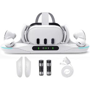 Lampelc Charging Dock for Meta Quest 3, Auto-Clamping Charging Station VR Charger Stand for Headset Controllers Accessories, with 2 Rechargeable Batteries, LED Display