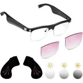 Smart Bluetooth Audio Glasses | 2in1 Photochromic Sunglasses & Blue Light Filtering Lenses | HiFi Earmuff | Gradient Pink Sunglasses Lenses for Men Women [Optional Replacement Lens]