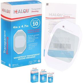 Transparent Film Dressing, 4" x 4 3/4" Box of 10 - Waterproof Wound Bandage Adhesive Patches, Post Surgical Shower or IV Shield, Tattoo Aftercare Bandage by Healqu