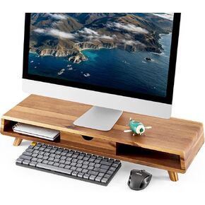 TINAMO Acacia Wood Monitor Stand with Drawer - Wooden Monitor Riser for Desk - Computer Monitor Stand for Desk - Multi-Purpose Desktop Storage Stand for Computer; Laptop; Printer; TV(24.4 " x 8" x 5")