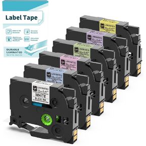 Label Maker Tape BZ Tapes Color for D210S H1100 D480BT P780BT E1000 P3200 Label Makers Compatible with Brother TZe TZ Tape 12mm 0.47 Laminated for P Touch PT-D210 PT-H110 PT-D220 PTD610BT,6-Pack