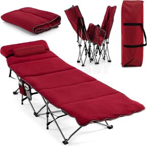 Tangkula Camping Cot for Adults, Folding Sleeping Cot with Removable Mattress, Pillow, Side Pocket, Portable Indoor Outdoor Cot Bed with Carry Bags for Travel, Camp, Office, Home (Red)