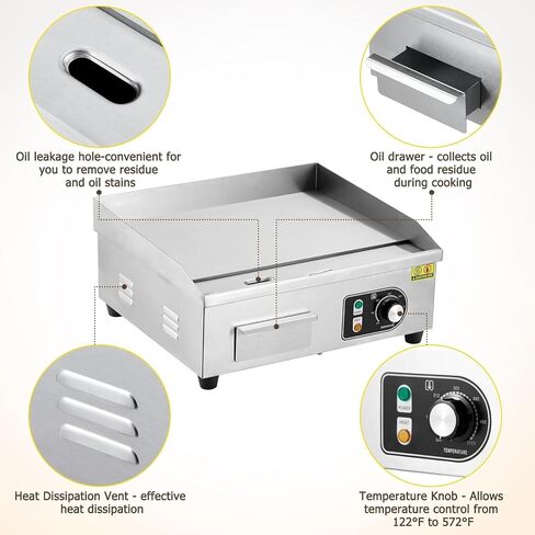 Electric Griddle,18-Inch Commercial Electric Grill,Electric Countertop Grill Non-Stick Electric Grill Plate(with plug),Adjustable Temperature Control 122°F-572°F,1600W/110V in Saudi Arabia