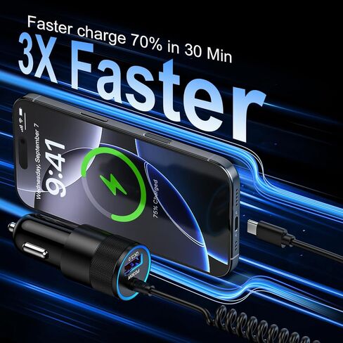 Type C Fast Car Charger for Samsung Galaxy A17/A16/A15/A14/5G/S26/S25 Ultra | 3.4A Fast Charging Android Phone Car Charger Adapter 3FT USB C Cable for iPhone 17e 16e Samsung A56/A55/A54/A13/S24FE/S23/A53 in Kuwait