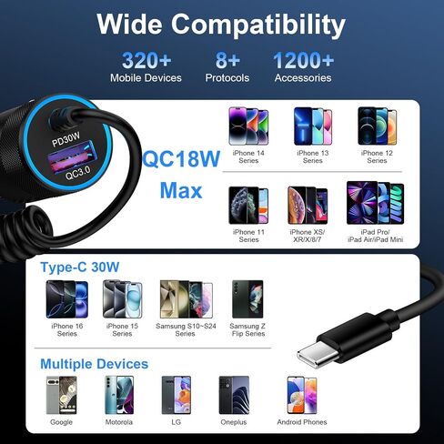 Type C Fast Car Charger for Samsung Galaxy A17/A16/A15/A14/5G/S26/S25 Ultra | 3.4A Fast Charging Android Phone Car Charger Adapter 3FT USB C Cable for iPhone 17e 16e Samsung A56/A55/A54/A13/S24FE/S23/A53 in Kuwait