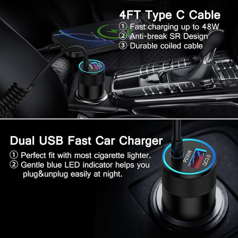 Type C Fast Car Charger for Samsung Galaxy A17/A16/A15/A14/5G/S26/S25 Ultra | 3.4A Fast Charging Android Phone Car Charger Adapter 3FT USB C Cable for iPhone 17e 16e Samsung A56/A55/A54/A13/S24FE/S23/A53 in Kuwait