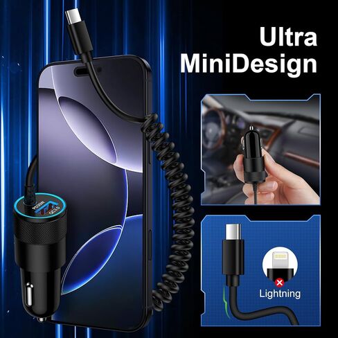 Type C Fast Car Charger for Samsung Galaxy A17/A16/A15/A14/5G/S26/S25 Ultra | 3.4A Fast Charging Android Phone Car Charger Adapter 3FT USB C Cable for iPhone 17e 16e Samsung A56/A55/A54/A13/S24FE/S23/A53 in Kuwait
