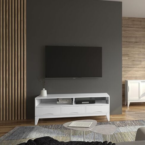 حامل وسائط تلفزيون حديث من SIMPLIHOME Harper مصنوع من الخشب الصلب بعرض 60 بوصة في منتصف القرن باللون الأبيض لأجهزة التلفاز حتى 65 بوصة لغرفة المعيشة ومركز الترفيه in Saudi Arabia