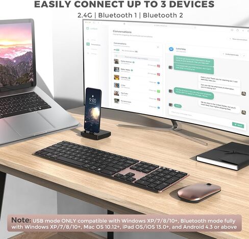مجموعة لوحة مفاتيح وماوس بلوتوث من سيندا (USB + Dual BT)، ماوس ولوحة مفاتيح بلوتوث لاسلكية قابلة لإعادة الشحن متعددة الأجهزة، متوافقة مع Win 7/8/10، MacBook Pro/Air، iPad، الكمبيوتر اللوحي - أسود وردي ذهبي in Saudi Arabia