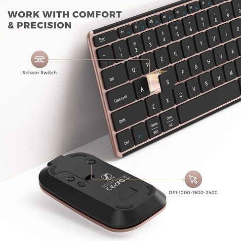 مجموعة لوحة مفاتيح وماوس بلوتوث من سيندا (USB + Dual BT)، ماوس ولوحة مفاتيح بلوتوث لاسلكية قابلة لإعادة الشحن متعددة الأجهزة، متوافقة مع Win 7/8/10، MacBook Pro/Air، iPad، الكمبيوتر اللوحي - أسود وردي ذهبي in Saudi Arabia