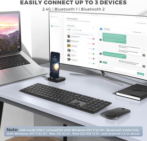مجموعة لوحة مفاتيح وماوس بلوتوث من سيندا (USB + Dual BT)، ماوس ولوحة مفاتيح بلوتوث لاسلكية قابلة لإعادة الشحن متعددة الأجهزة، متوافقة مع Win 7/8/10، MacBook Pro/Air، iPad، الكمبيوتر اللوحي - أسود وردي ذهبي in Saudi Arabia