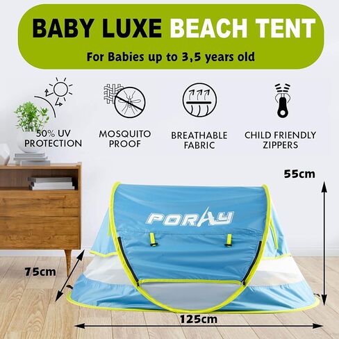 Poray Portable Baby Beach Tent with UPF 50+ Sun Shelter,Mosquito Net and Sunshade, Ideal Pop Up Kids Travel Tent with Carry Bag & 2 Stakes,Outdoor Indoor Play and Sun Protection in Kuwait