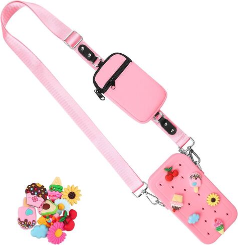Clip and Go Phone Strap with Zipper Pouch, Adjustable Crossbody Phone Lanyard with Silicone Phone Bag and 10 Decorative Charms, Phone Strap with Wallet Compatible with Most Phones Black in Saudi Arabia