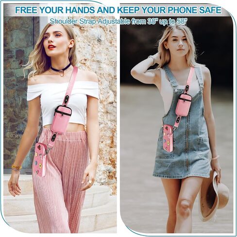 Clip and Go Phone Strap with Zipper Pouch, Adjustable Crossbody Phone Lanyard with Silicone Phone Bag and 10 Decorative Charms, Phone Strap with Wallet Compatible with Most Phones Black in Saudi Arabia