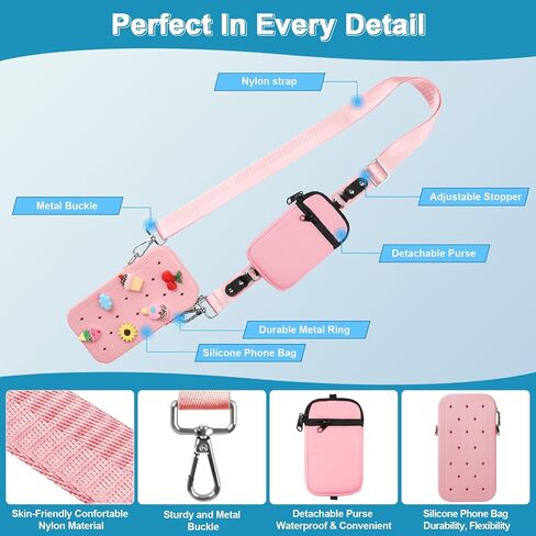 Clip and Go Phone Strap with Zipper Pouch, Adjustable Crossbody Phone Lanyard with Silicone Phone Bag and 10 Decorative Charms, Phone Strap with Wallet Compatible with Most Phones Black in Saudi Arabia