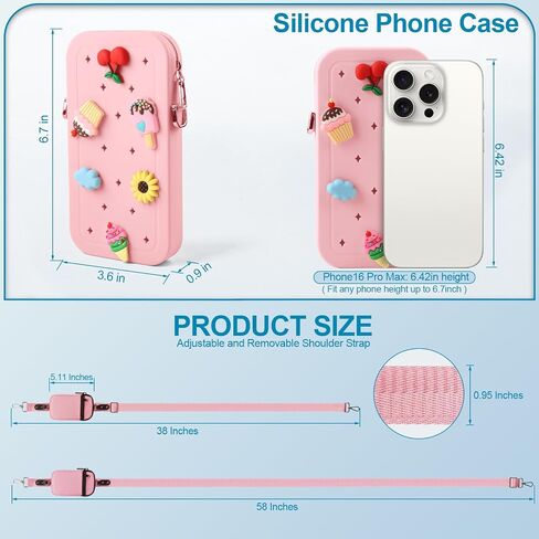 Clip and Go Phone Strap with Zipper Pouch, Adjustable Crossbody Phone Lanyard with Silicone Phone Bag and 10 Decorative Charms, Phone Strap with Wallet Compatible with Most Phones Black in Saudi Arabia