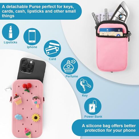 Clip and Go Phone Strap with Zipper Pouch, Adjustable Crossbody Phone Lanyard with Silicone Phone Bag and 10 Decorative Charms, Phone Strap with Wallet Compatible with Most Phones Black in Saudi Arabia