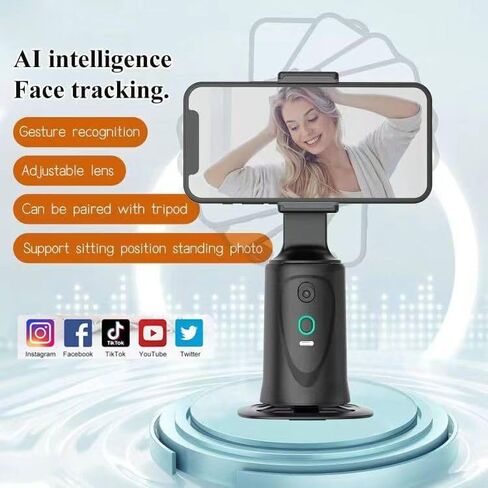 حامل ثلاثي لتتبع الوجه التلقائي بزاوية 360 درجة، حامل هاتف للتتبع التلقائي، بدون تطبيق، حامل كاميرا الهاتف مع جهاز تحكم عن بعد والتحكم في الإيماءات، حامل تصوير ذكي قابل لإعادة الشحن لتسجيل الفيديو تيكتوك مع ضوء in Saudi Arabia