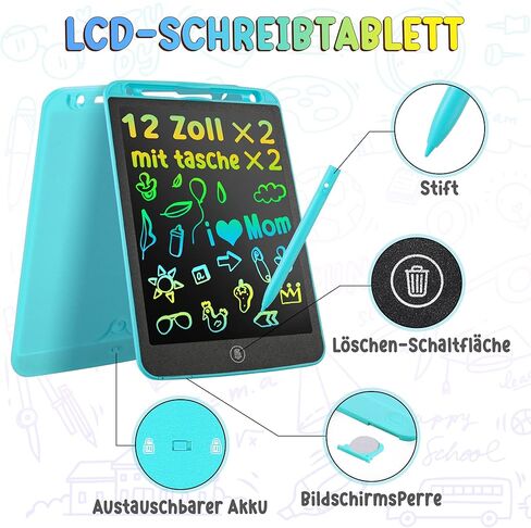 2 حزمة كمبيوتر لوحي للكتابة LCD مقاس 12 بوصة للأطفال، ألعاب لعمر 3 4 5 6 7 8 9 سنوات من البنات والأولاد، لوحة رسم ملونة من LYAOYAO، هدية عيد ميلاد لتعلم السفر لعمر 3 سنوات + طفل صغير (وردي + أزرق) in Kuwait