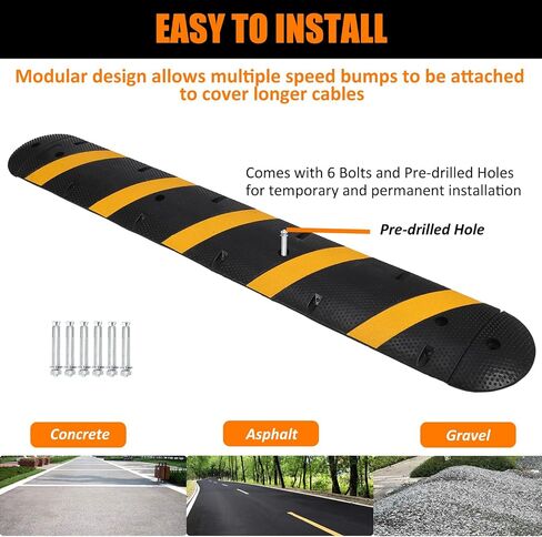 6 Ft Rubber Speed Bumps 2 Pack, Heavy Duty Speed Bumps for Driveway Rubber Gravel Road Asphalt Parking, Modular Driveway Speed Bumps Cable Protector Ramp with 8 Bolts Spikes in Saudi Arabia
