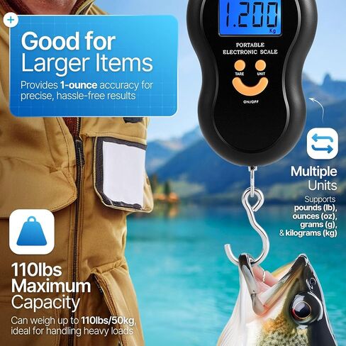 Flexzion Hanging Digital Scale for Travel & Fishing, Portable Luggage Scale Electronic Backlight LCD Display 110 lbs / 50 Balance Smart Weight in Kuwait