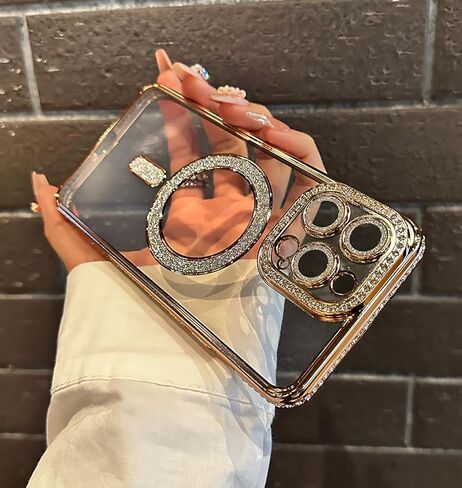 Magnetic Glitter Case for iPhone 15 Pro Max [Compatible with MagSafe] Military-Grade Protection, Cute Glitter Phone Case with Sparkle Diamond Camera Protection Cover for Women Girl (Silver) in Kuwait