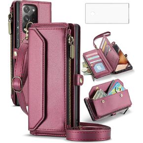 Phone Case for Samsung Galaxy Note 20 Ultra 5G Zipper Wallet Cover with Screen Protector and Flip RFID Blocking Card Holder Cell Note20 Plus Notes 20Ultra Note20+ U + 20+ Twenty Not S20 Women Wine Red