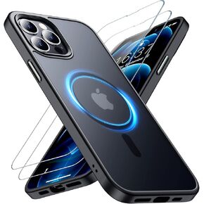 SPIDERCASE Magnetic Designed for iPhone 12/12 Pro Case, with 2 Pack [Tempered Glass Screen Protector] Translucent Anti-Fingerprint Anti-Scratch for iPhone 12/12 Pro（Black）