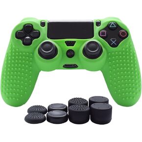 مقابض Jazane متوافقة مع جلد وحدة التحكم PS4، غطاء سيليكون لجهاز PlayStation 4 PS4/Slim/Pro Controller Pack 1 غطاء مضاد للانزلاق - 8 قطع مقابض إبهام - أزرار خضراء in Kuwait