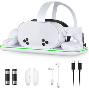 Charging Station for Meta Quest 3 and Oculus Quest 3S, VR Accessories Charging Station with LED Light for Oculus Quest 3/ 3S, Charger Stand with 2 Rechargeable Batteries, Magnetic Charging Design