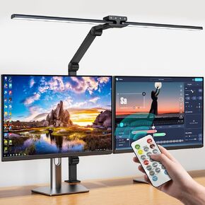 KableRika Desk Lamp,Double Head Desk Clamp Lamp with Remote,24W Led Desk Lights for Home Office Ultra Bright Architect Table Lamp 4 Brightness 4 Color,Auto Dimming Task Lamp for Monitor Work Study