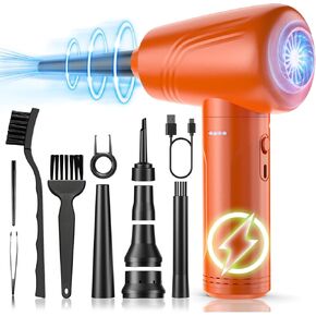 11-in-1 Compressed Air Duster, 3-Gear Adjustable 120000 RPM Electric Air Duster with LED Light, Reusable no Canned Keyboard Cleaner for Office, 9000mAh Cordless Air Duster for Computer, Orange