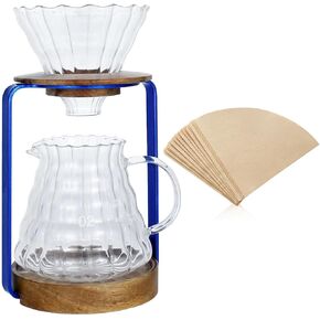 SOTECH Pour Over Coffee Dripper Stand with Metal Stand Wooden Filter Holder Glass Server with Paper Coffee Filters, Coffee Maker Stand Set for Coffee Tea and Saffron