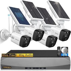 (Solar Battery 100% Wire-Free) 2-Way Audio 2-Antennas Enhance PIR Detection Outdoor Surveillance Camera System Solar Powered Battery Cameras System