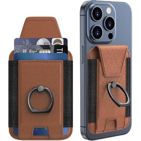 Magnetic Wallet Card Holder for iPhone 15/14/13/12 Series, 360°Rotation Finger Ring Kickstand, RFID Blocking, Store 7 Cards, Cell Phone Sleeves Mag-Safe Wallet, Dark Brown