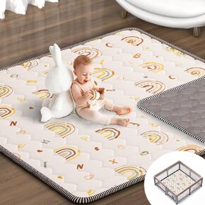 Baby Play Mat 43 x 43 Playpen Mat One-Piece Washable Baby Crawling Mat Non Slip Cushioned Baby Playmat Boho Rainbow ABC Floor Mat for Babies Toddlers Infants (43X43,Beige)