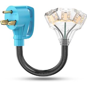 CircleCord 30 Amp to 110V RV/Generator Distribution Adapter Cord, NEMA TT-30P Male to 3X 5-15R/5-20R T-Blade Household Outlet Female with LED Power Indicator 3750W