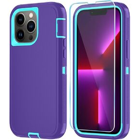 Phone Case for iPhone 13 Pro Case with HD Screen Protector, Heavy Duty Shockproof & DustProof & Dropproof 3-Layer Cover Phone Case for iPhone 13 Pro (6.1'') (PurpleSkyBlue)