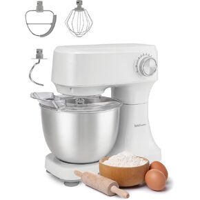 Betty Crocker Stand Mixer, 3.7-Qt Electric Mixer with 10 Speeds, Kitchen Mixer with Dough Hook, Whipping Whisk & Flat Beater with Scraper, Kitchen Appliances with Anti-Splash Cover, 300 watts, White