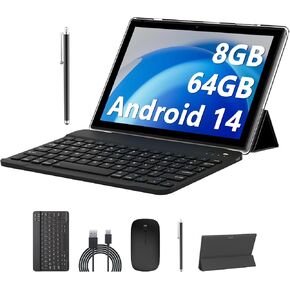 2024 Android 14 Tablets 10 Inch, 2 in 1 Tablet, Tablet with Keyboard Case, 8GB+64GB ROM/512GB Computer Tablets, Quad Core, HD Touch Screen, Dual Carema, Games, Wi-Fi, BT, Google GMS Black