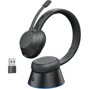 Wireless Headset with Mic for Work, Bluetooth Headset with Microphone (Environmental Noise Cancellation), Wireless Headset with USB Dongle & Charging Dock for PC/Teams/Zoom/Call Center/Home