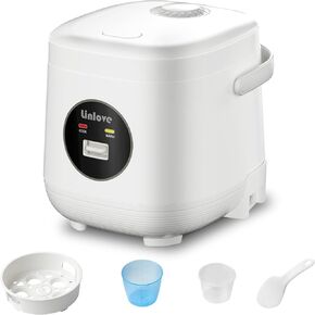 3 Cups Mini Rice Cooker Portable 1.6 Quart Capacity Non-Stick Small Rice Maker, Rice cooker with BPA Free,One Touch & Keep Warm Function,Recipe Book,Food Steamer,White,120V