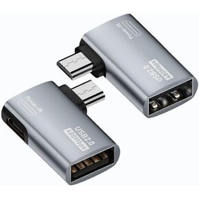2-in-1 Powered Micro USB OTG Adapter 90 Degree Right Angled with Micro USB Power Charging Port 2 Pack