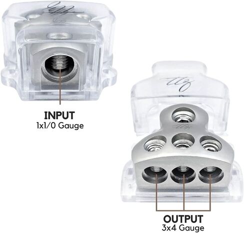 Car Power Distribution Block Splitter for Multiple Power/Ground Options; 2 Styles – 2 Way (1/0 GA to 2X 1/0 GA or 4 GA); 3 Way (1/0 GA to 3X 4 GA) (3 Way (0GA to 3X 4GA)) in Saudi Arabia