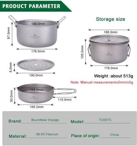 Boundless Voyage Multifunctional Titanium Steamer Pot with Frying Pan and Vented Lid Outdoor Camping Backpacking Kitchen in Saudi Arabia