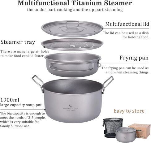 Boundless Voyage Multifunctional Titanium Steamer Pot with Frying Pan and Vented Lid Outdoor Camping Backpacking Kitchen in Saudi Arabia