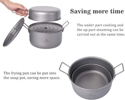 Boundless Voyage Multifunctional Titanium Steamer Pot with Frying Pan and Vented Lid Outdoor Camping Backpacking Kitchen in Saudi Arabia
