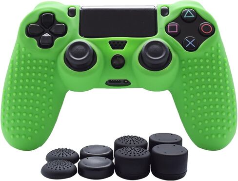 مقابض Jazane متوافقة مع جلد وحدة التحكم PS4، غطاء سيليكون لجهاز PlayStation 4 PS4/Slim/Pro Controller Pack 1 غطاء مضاد للانزلاق - 8 قطع مقابض إبهام - أزرار خضراء in Kuwait