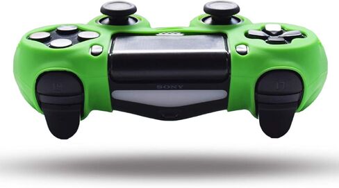 مقابض Jazane متوافقة مع جلد وحدة التحكم PS4، غطاء سيليكون لجهاز PlayStation 4 PS4/Slim/Pro Controller Pack 1 غطاء مضاد للانزلاق - 8 قطع مقابض إبهام - أزرار خضراء in Kuwait